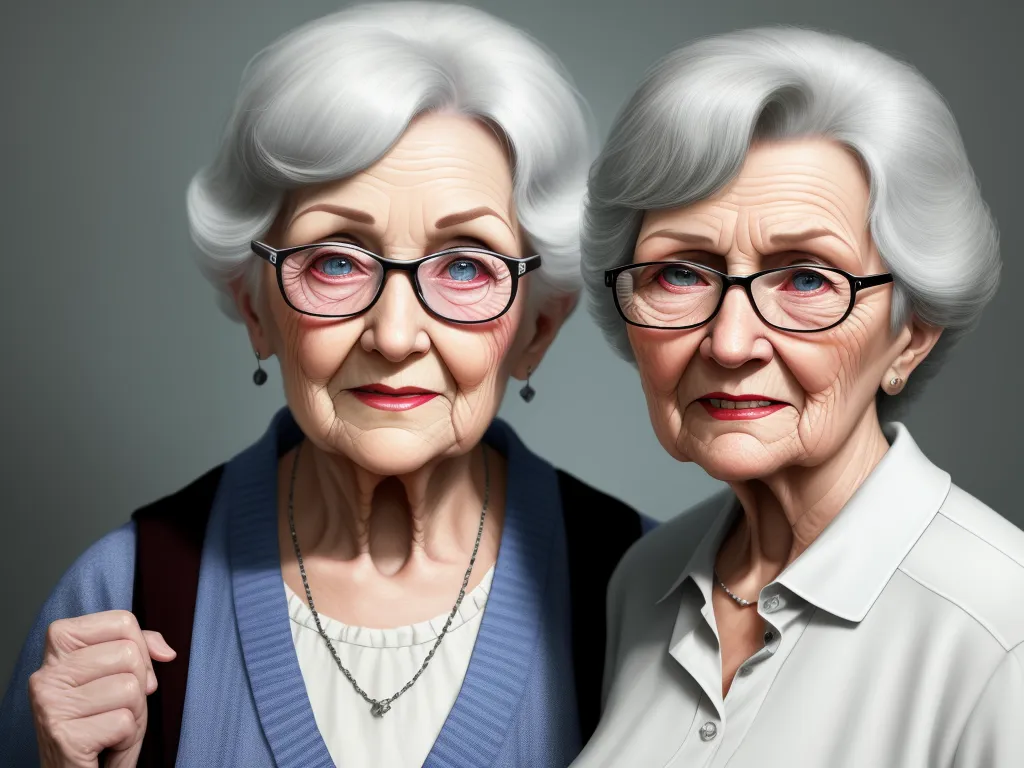 convert photo into 4k - two older women with glasses are posing for a picture together, one of them is wearing a blue sweater, by Adam Martinakis