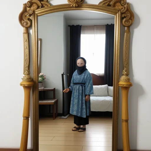 a woman standing in front of a mirror in a room with a bed and a window in the background, by Chen Daofu
