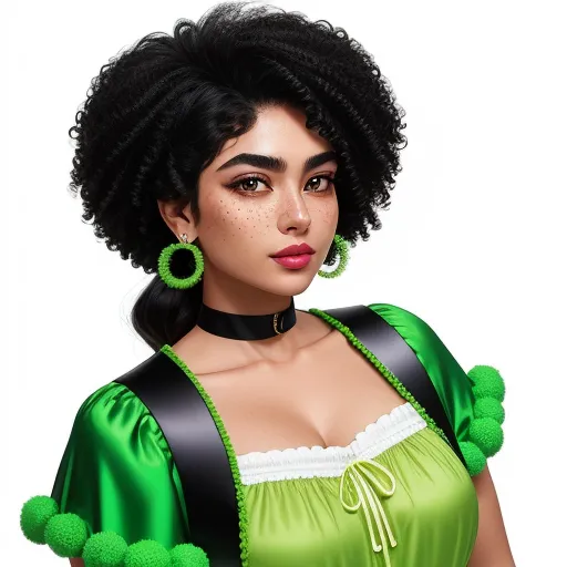 4k hd photo converter - a woman with a green dress and green earrings on her head and a green dress with a black top, by Hirohiko Araki