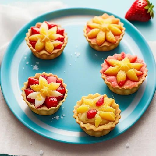 a plate of fruit tarts on a blue plate with a strawberry and a strawberry on top of it, by David Young Cameron