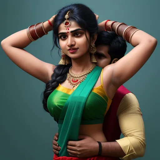 imagesize converter - a woman in a green and yellow sari with her hands on her head and a green and yellow sari, by Raja Ravi Varma