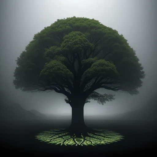 convert photo to 4k online - a tree with a lot of green leaves on it's trunk and roots in the ground, in a foggy area, by Adam Martinakis