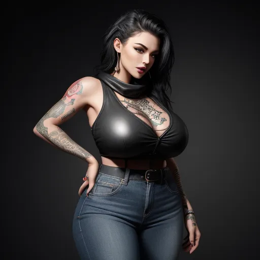 how to increase image resolution - a woman with tattoos and a black top posing for a picture with her hands on her hips and her hands on her hips, by Terada Katsuya