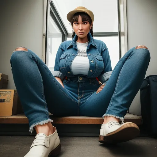 free ai photo enhancer software - a woman sitting on a window sill with her legs crossed and a hat on her head, wearing a denim jacket and jeans, by Terada Katsuya