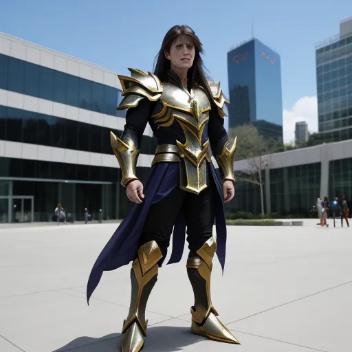 a woman in a costume standing in a courtyard in front of a building with a large glass window in the background, by Sailor Moon