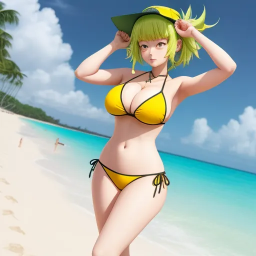 enhancer - a woman in a bikini and hat on a beach with a blue sky and white clouds in the background, by Toei Animations