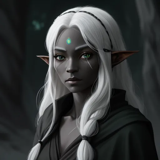 low resolution images - a white haired elf with green eyes and a green eye patch on her forehead and a black hoodie, by Lois van Baarle