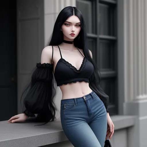 a woman with long black hair and a black bra top is posing on a ledge outside a building with a handbag, by Sailor Moon