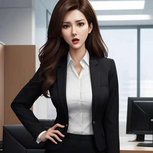 a woman in a suit posing for a picture in an office setting with a computer monitor and a desk, by Chen Daofu