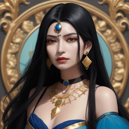 a woman with long black hair wearing a blue dress and gold jewelry and a blue dress with a gold and blue collar, by Lois van Baarle