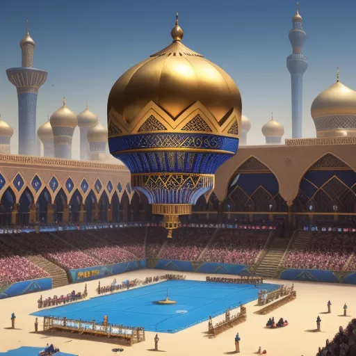 a large blue and gold ball court surrounded by tall buildings and a large gold dome with a gold dome on top, by Pixar Concept Artists