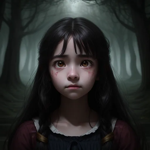 a girl with a creepy look on her face in a dark forest with a light shining through the trees, by Daniela Uhlig