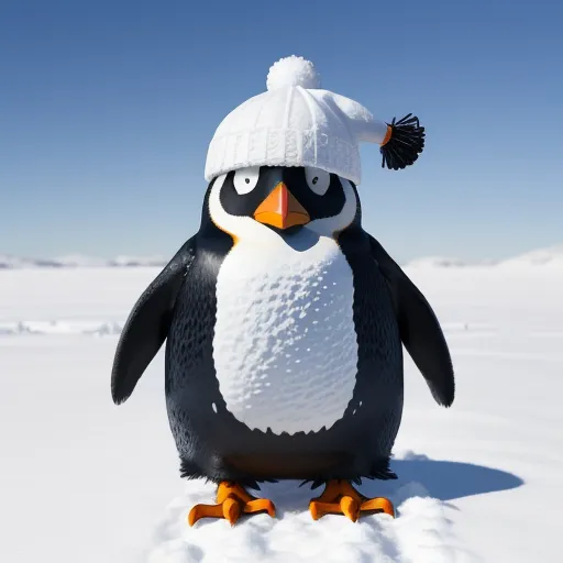 a penguin with a white hat and a black and white outfit on in the snow with a blue sky in the background, by NHK Animation