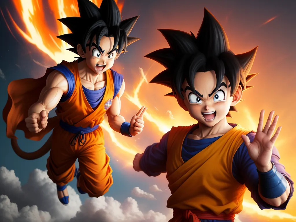 high quality photos online - two cartoon characters are flying through the air together in the sky with clouds behind them and a bright orange and blue sky behind them, by Toei Animations