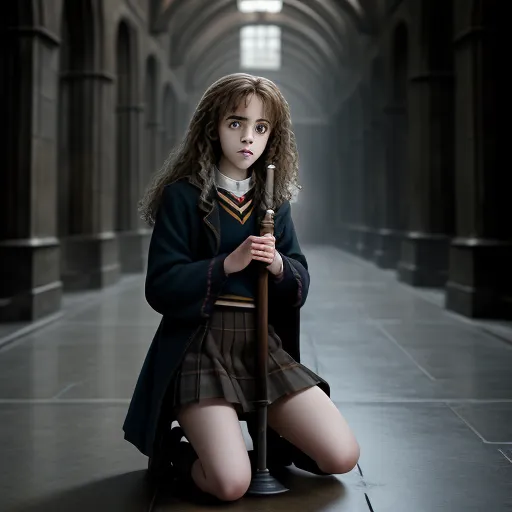 free ai text to image - a young girl sitting on the floor holding a cane in a hallway with arches and arches on the ceiling, by Gottfried Helnwein