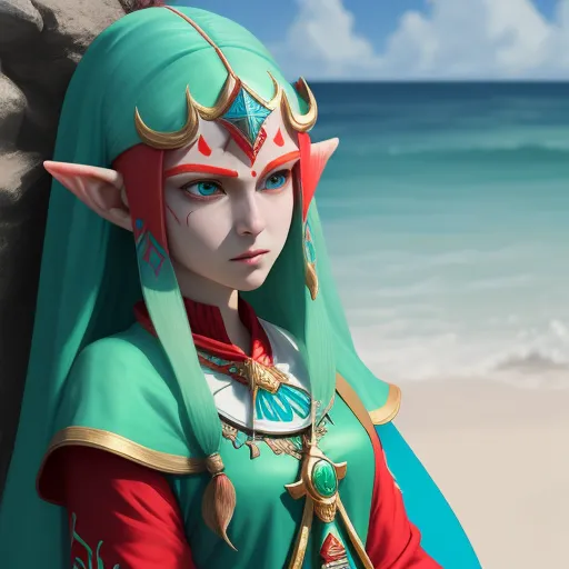 ai-generated images from text - a woman with a green and red outfit and a green and gold headpiece on a beach near the ocean, by Hidari Jingorō