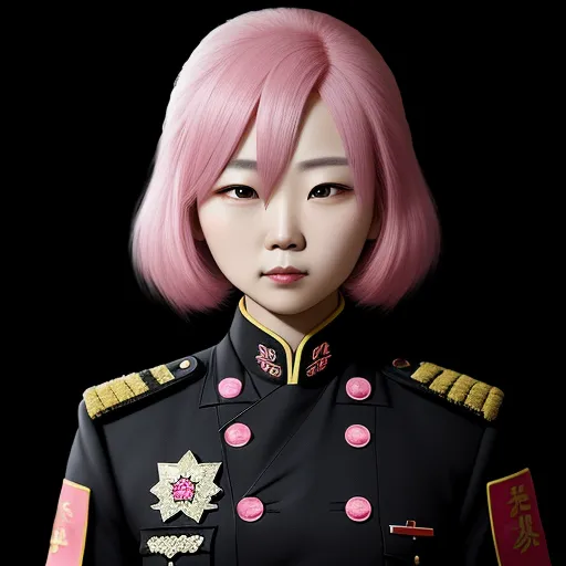 a woman with pink hair and a uniform on, posing for a picture with a black background and a black background, by Terada Katsuya