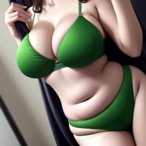 a woman in a green bikini posing for a picture with her breasts exposed and a black curtain behind her, by Rumiko Takahashi