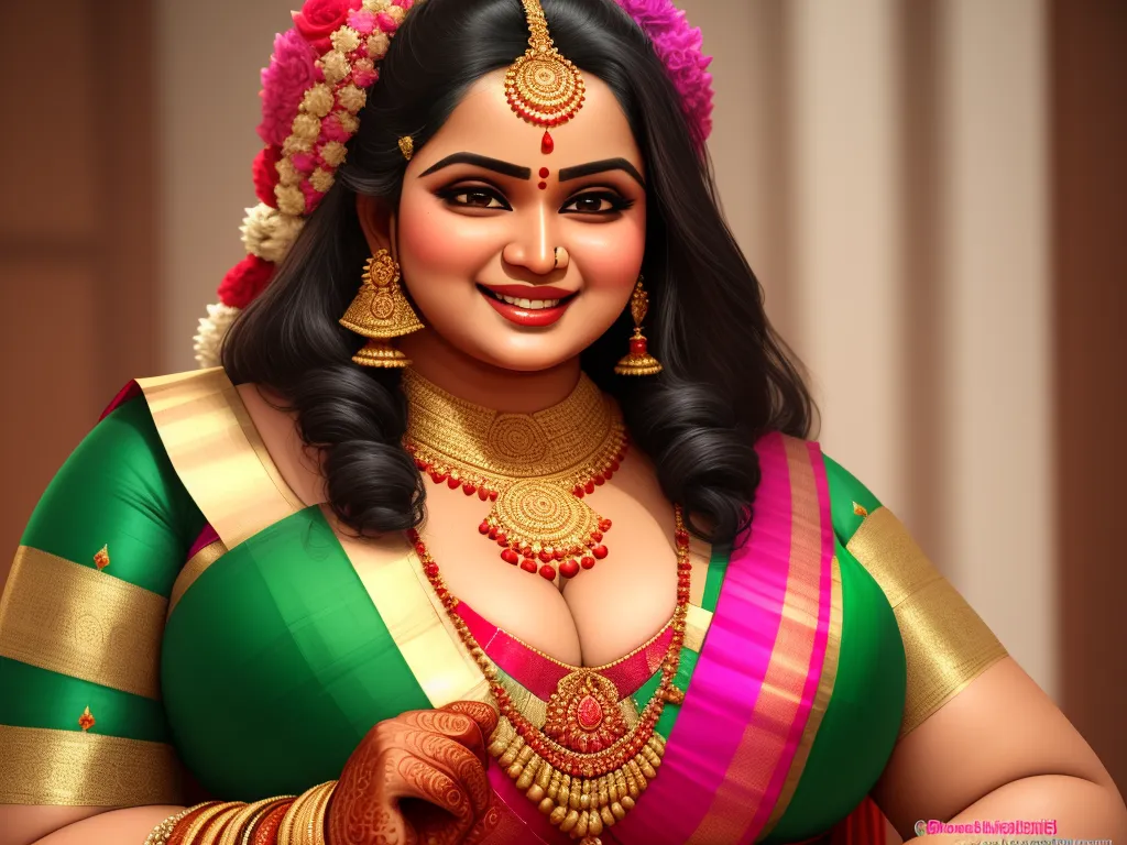 a woman in a green and pink sari with a smile on her face and a red and gold necklace, by Raja Ravi Varma