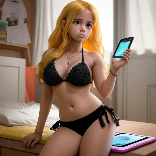 how to increase picture resolution - a cartoon girl in a bikini holding a tablet computer and looking at it with a serious look on her face, by Akira Toriyama