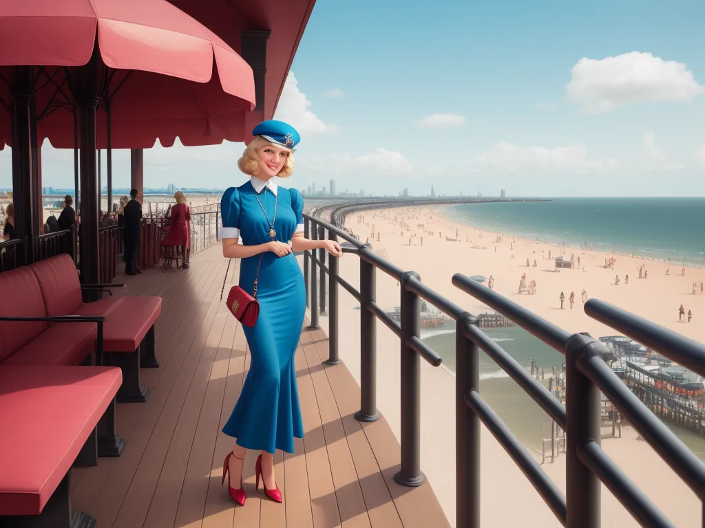 a woman in a blue dress and hat standing on a balcony overlooking the beach and ocean with a red umbrella, by Paul Corfield