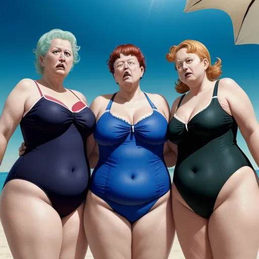 ai-generated images from text - three women in swimsuits standing on a beach with an umbrella in the background and a blue sky, by Alex Prager