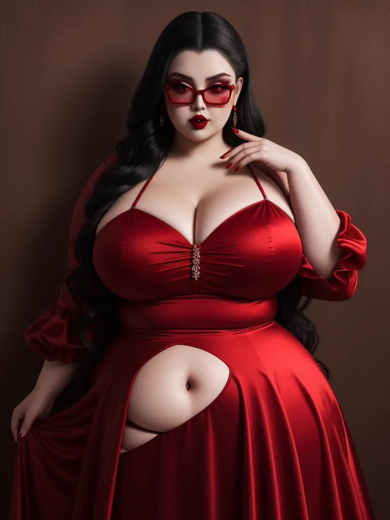 a woman in a red dress and red glasses poses for a picture with her hands on her hips and her breasts exposed, by Sailor Moon