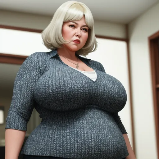 4k to 1080p converter - a woman with a big breast standing in a room with a door and a mirror behind her, wearing a blue sweater, by Terada Katsuya