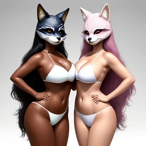 ai-generated images from text - two women in bikinis with cats on their heads and one wearing a cat mask and the other a fox, by Terada Katsuya