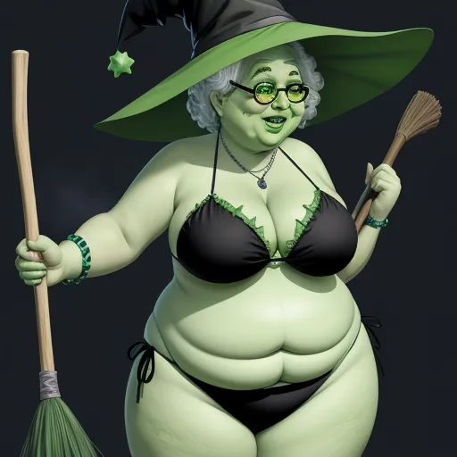a woman in a bikini and witches hat holding a broom and a broomstick in her hand, while wearing a green hat, by Hayao Miyazaki