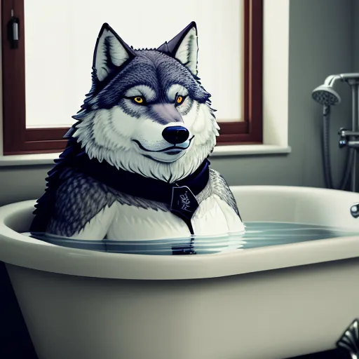 ai image generators - a cartoon of a wolf in a bathtub with a window in the background and a sink in the foreground, by NHK Animation