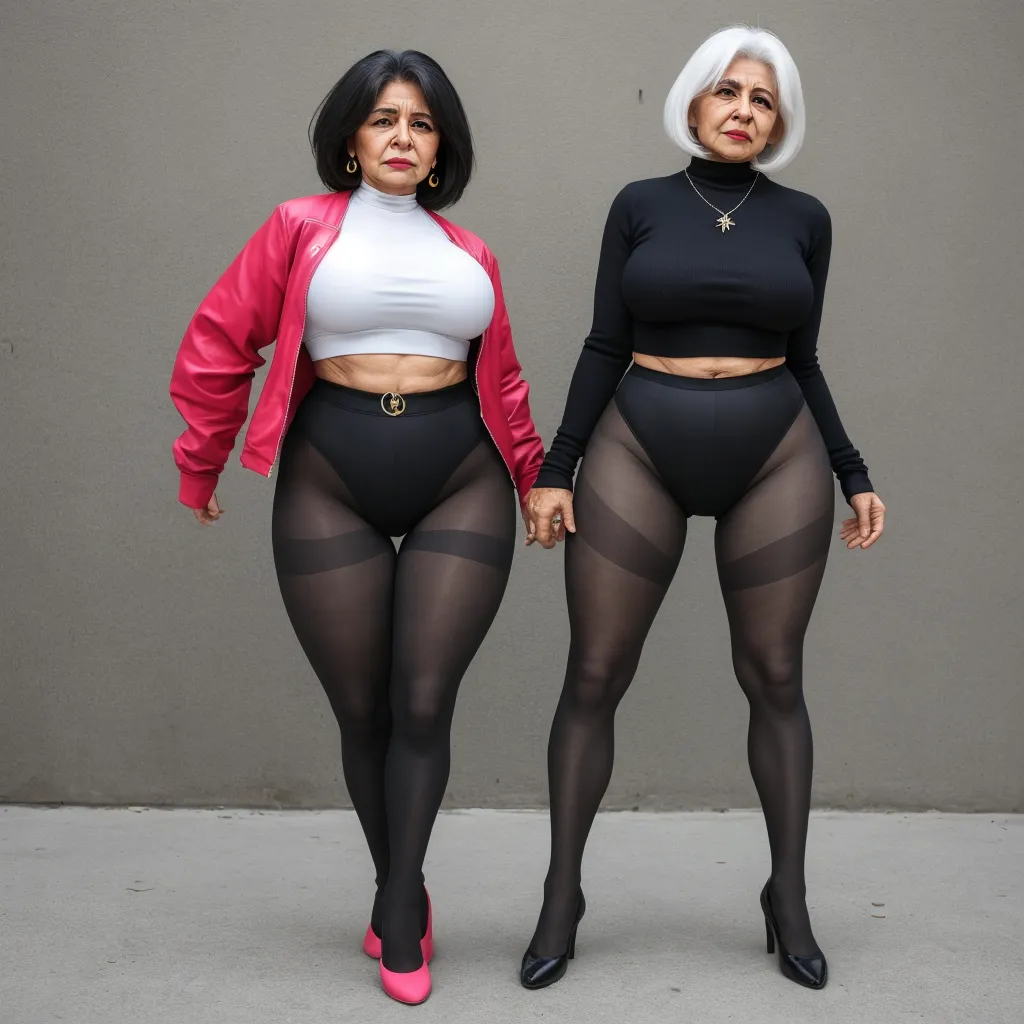 two women in tights and high heels posing for a picture together, both wearing black and white clothing, by Barkley Hendricks