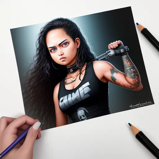 4k quality converter photo - a woman with a tattoo holding a baseball bat in her hand and a pencil in her other hand next to a drawing of a woman with a baseball bat, by Daniela Uhlig