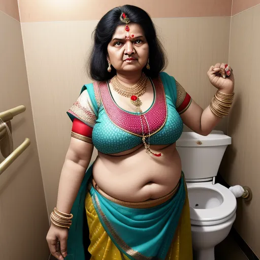 image convert - a woman in a colorful sari is standing in a bathroom with a toilet and a sink behind her, by Alec Soth