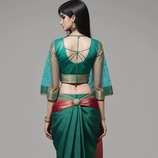 how to increase photo resolution - a woman in a green sari with a red skirt and gold blouse on her back, and a green blouse with a red skirt on her waist, by Raja Ravi Varma