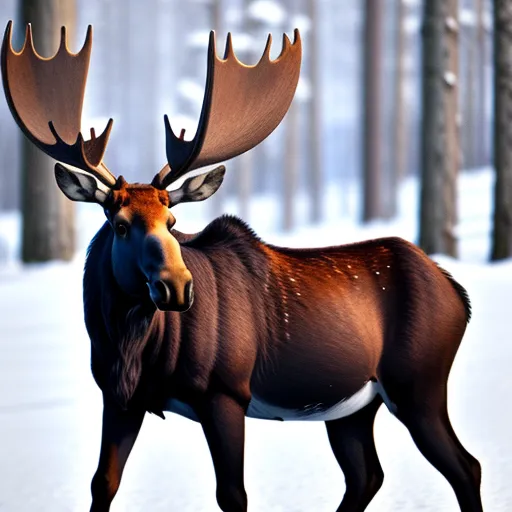 text to image ai free - a moose with large antlers walking through the snow in a forest with trees in the background and snow on the ground, by Edwin Landseer