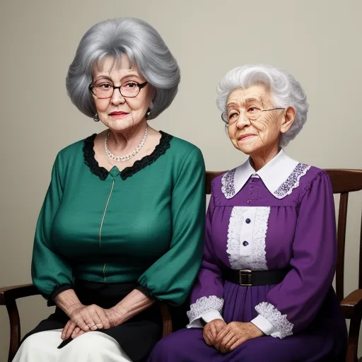 two older women sitting next to each other on a chair together, one of them is wearing a green shirt, by Julie Blackmon