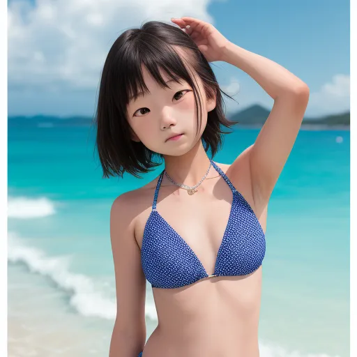 ai text to image generator - a woman in a bikini standing on the beach with her hand on her head and her hair in the wind, by Terada Katsuya