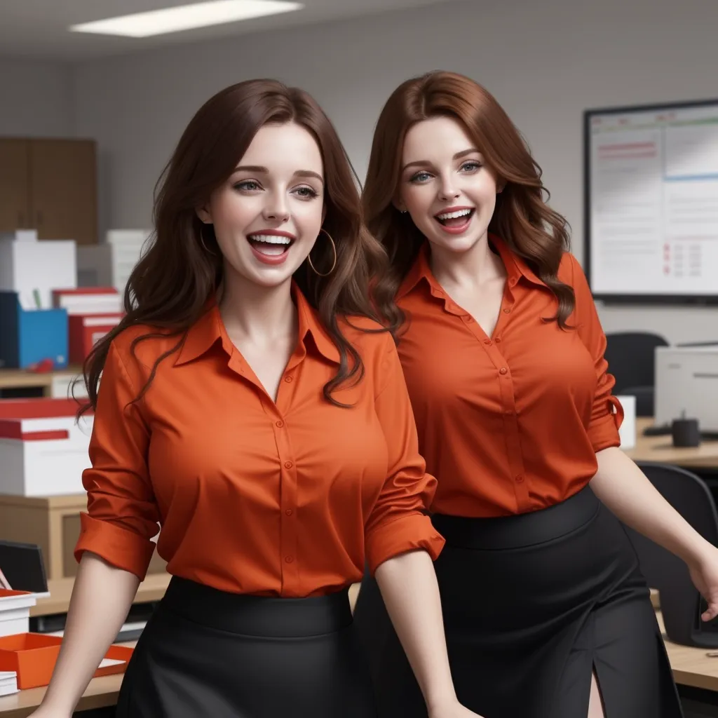 two women in orange shirts and black skirts are smiling at the camera while standing in an office setting with a desk and computer, by Hendrik van Steenwijk I