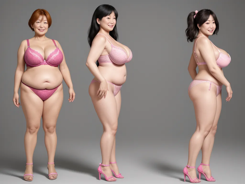 a woman in a pink bra and panties poses for a picture in three different poses, both of which are full - figured, by Terada Katsuya