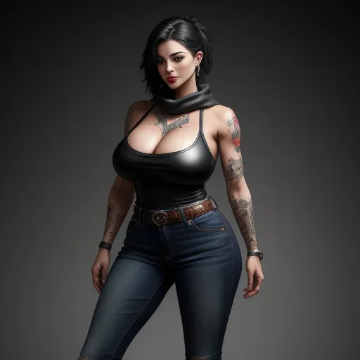 lower res - a woman with tattoos and a black top is posing for a picture in a black outfit and jeans with a scarf around her neck, by Terada Katsuya