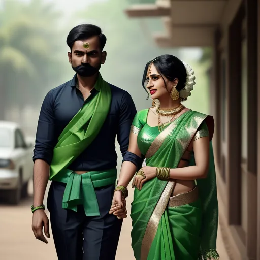 a man and woman walking down a street holding hands and wearing green sari and black outfits with a black shirt, by Raja Ravi Varma