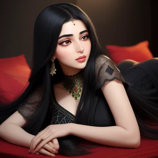 turn photo hd - a woman with long black hair laying on a red couch with her hands on her chest and her eyes closed, by Chen Daofu