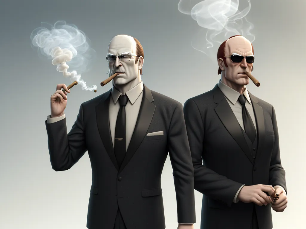 two men in suits smoking cigarettes and wearing sunglasses and glasses on their heads, one in a suit and the other in a tie, by Genndy Tartakovsky