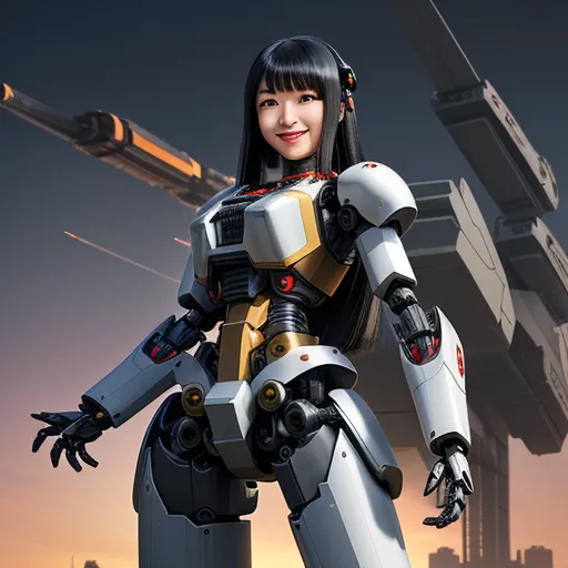 a woman in a robot suit standing in front of a cityscape with a rocket in the background, by Terada Katsuya