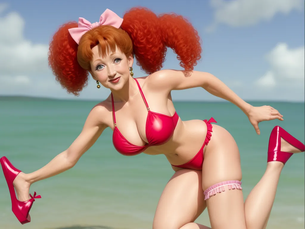best free text to image ai - a woman in a bikini and high heels on the beach with a red hair and a pink bow in her hair, by Akira Toriyama