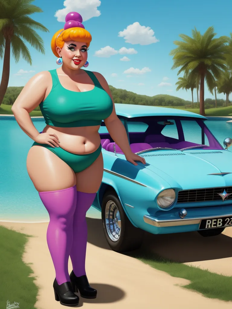 low quality picture - a cartoon of a woman in a bikini next to a car and a lake with palm trees in the background, by Hanna-Barbera