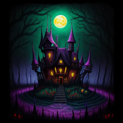 generate photo from text - a painting of a creepy castle with a full moon in the background and a dark forest with trees and bushes, by Bill Carman