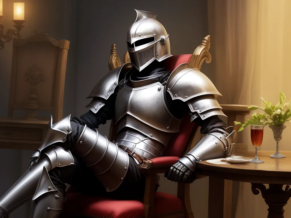 ai images generator - a knight sitting in a chair with a glass of wine in front of him and a vase of flowers in the background, by Kentaro Miura