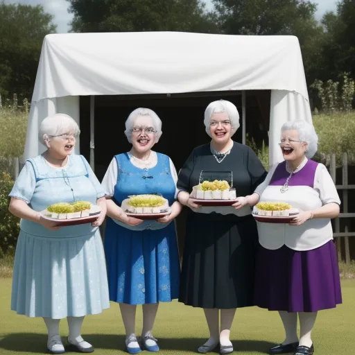 creating images with ai - a group of women holding plates of food in front of a tent with a white tarp on it, by Alec Soth